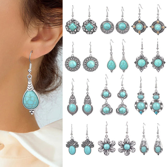 12 Pairs Ethnic Style Drop Earrings with Turquoise Boho