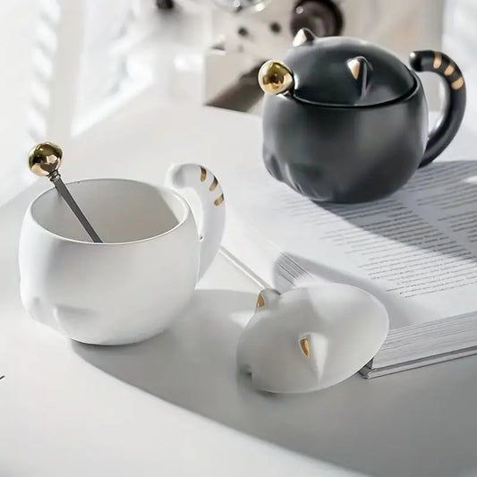 Creative Ceramic Cat Mug with Lid and Spoon for Gifts