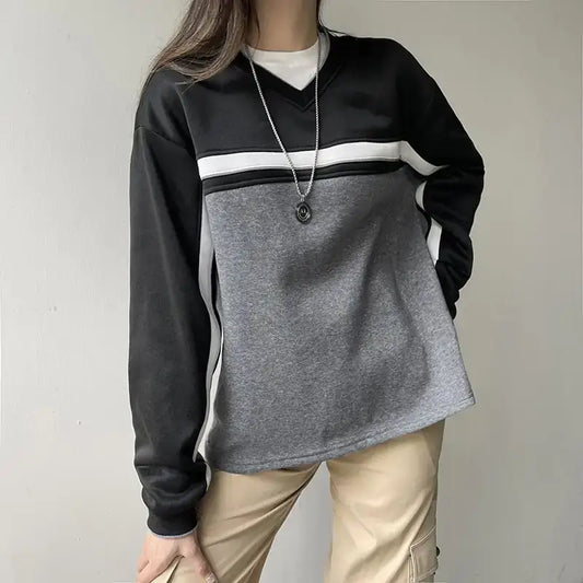 Contrasting Spliced Loose Fit Hoodie Pullover